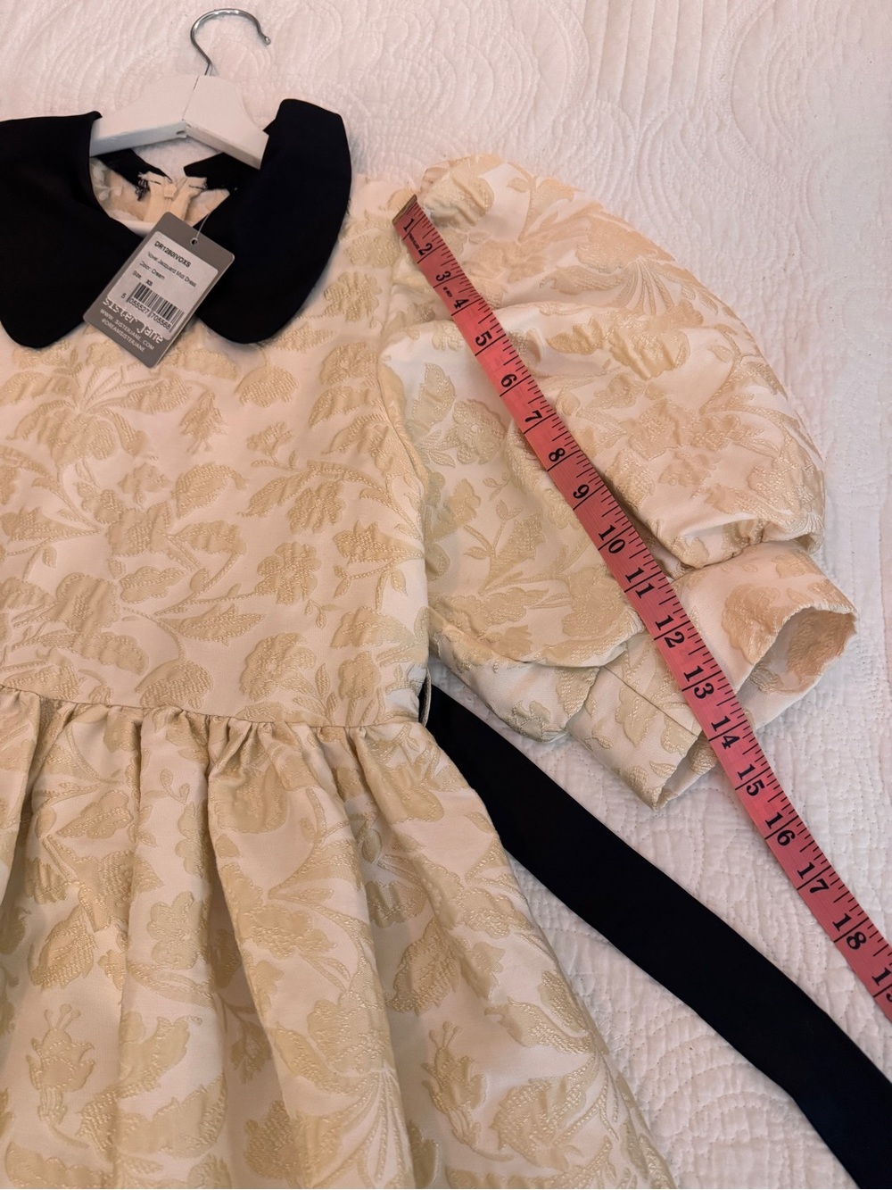 Sister Jane Jacquard Puff Sleeve Dress Black Satin Peter Pan Collar & Ribbon NWT - Picture 15 of 16